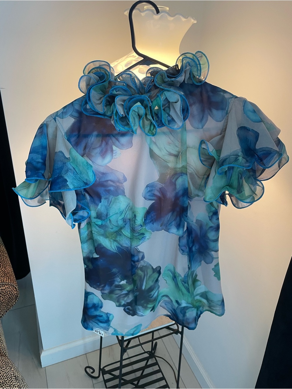 Sheer Floral Ruffle Blouse in Blue and Teal